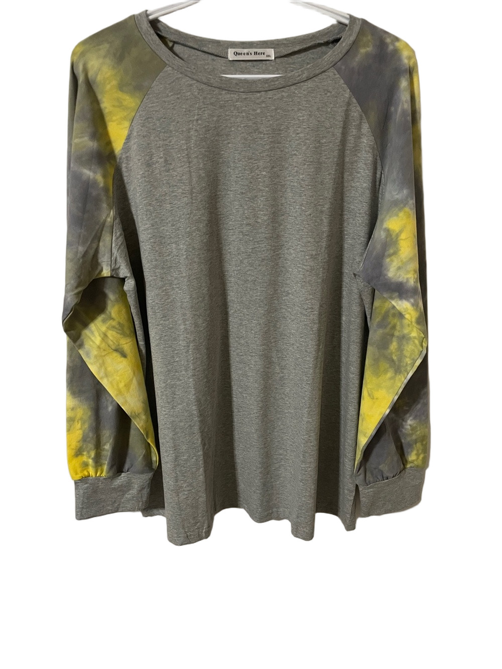 Queen’s Here Grey Long Sleeve Tee with Yellow Tie-Dye Sleeves Size XXL